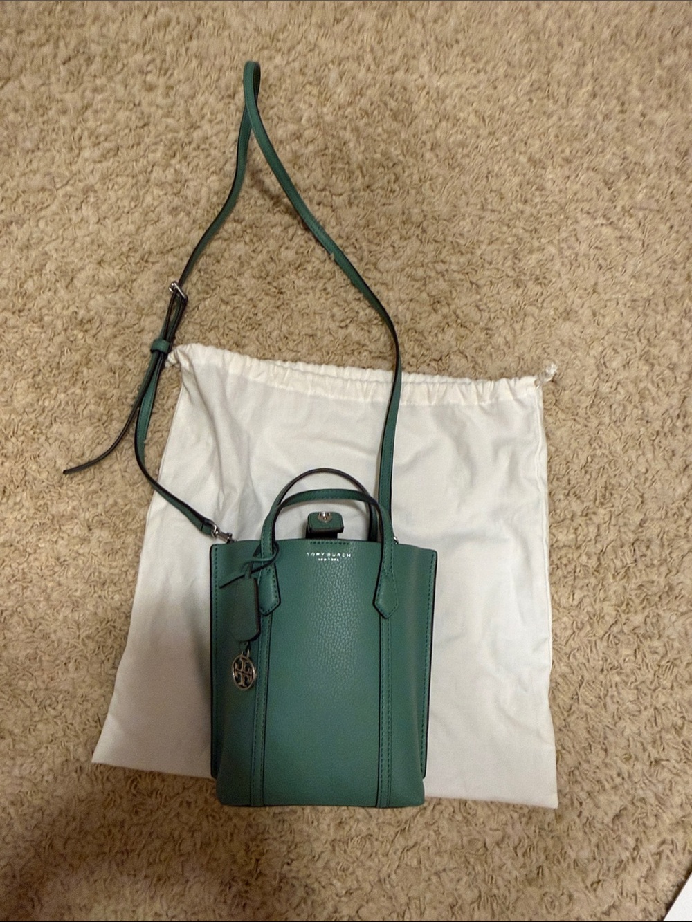 Tory Burch Teal Green Pebble Leather Crossbody Tote